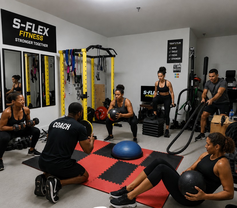 Coach Henry leading a small group session at S-Flex Fitness with clients using dumbbells, medicine balls, and battle ropes